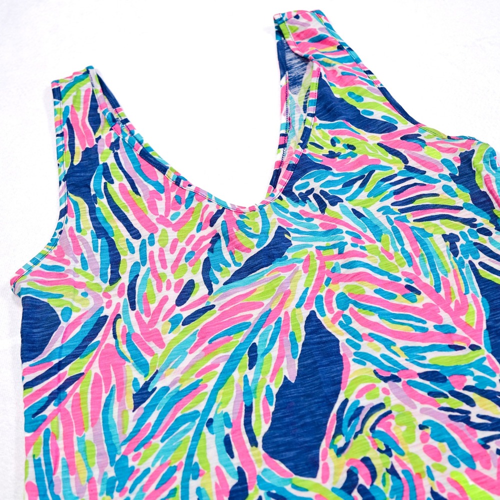 LILLY PULITZER Women's XS Indigo Palm Tropical Print Gigi Ruffle V-Neck Tank Top